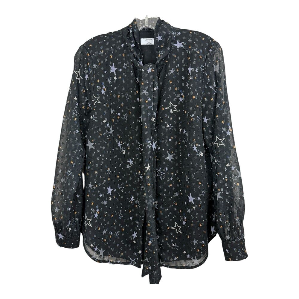 Untuckit Colette Shirt Sz 10 Black Star Print Semi Sheer Neck Tie Astral Cosmic